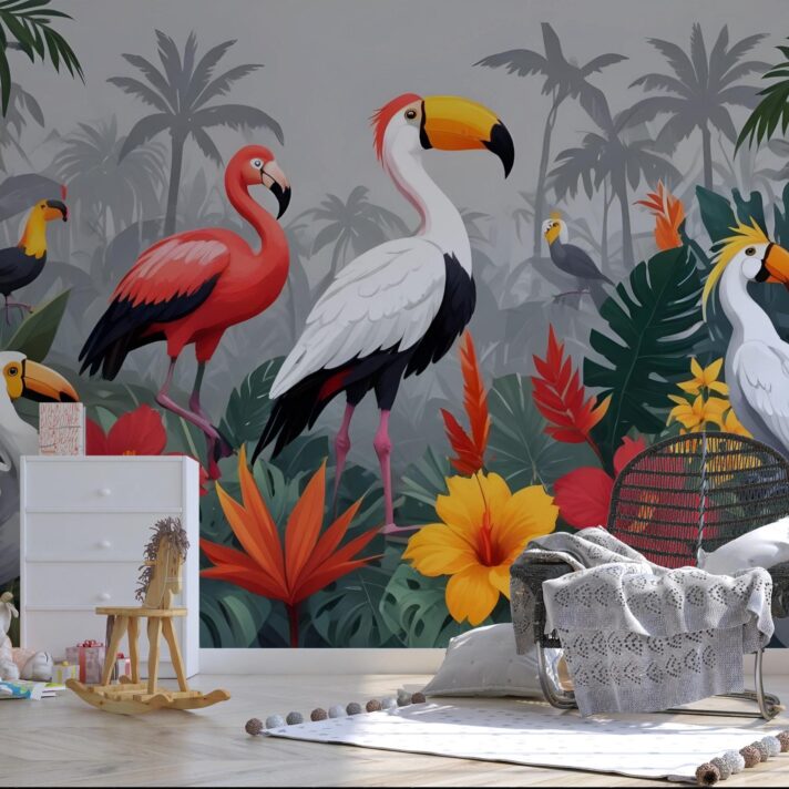 Tropical Birds Wallpaper, Jungle Nursery Mural, Toucan & Flamingo Peel and Stick, Gender Neutral Kids Room Decor, Exotic Rainforest Decor