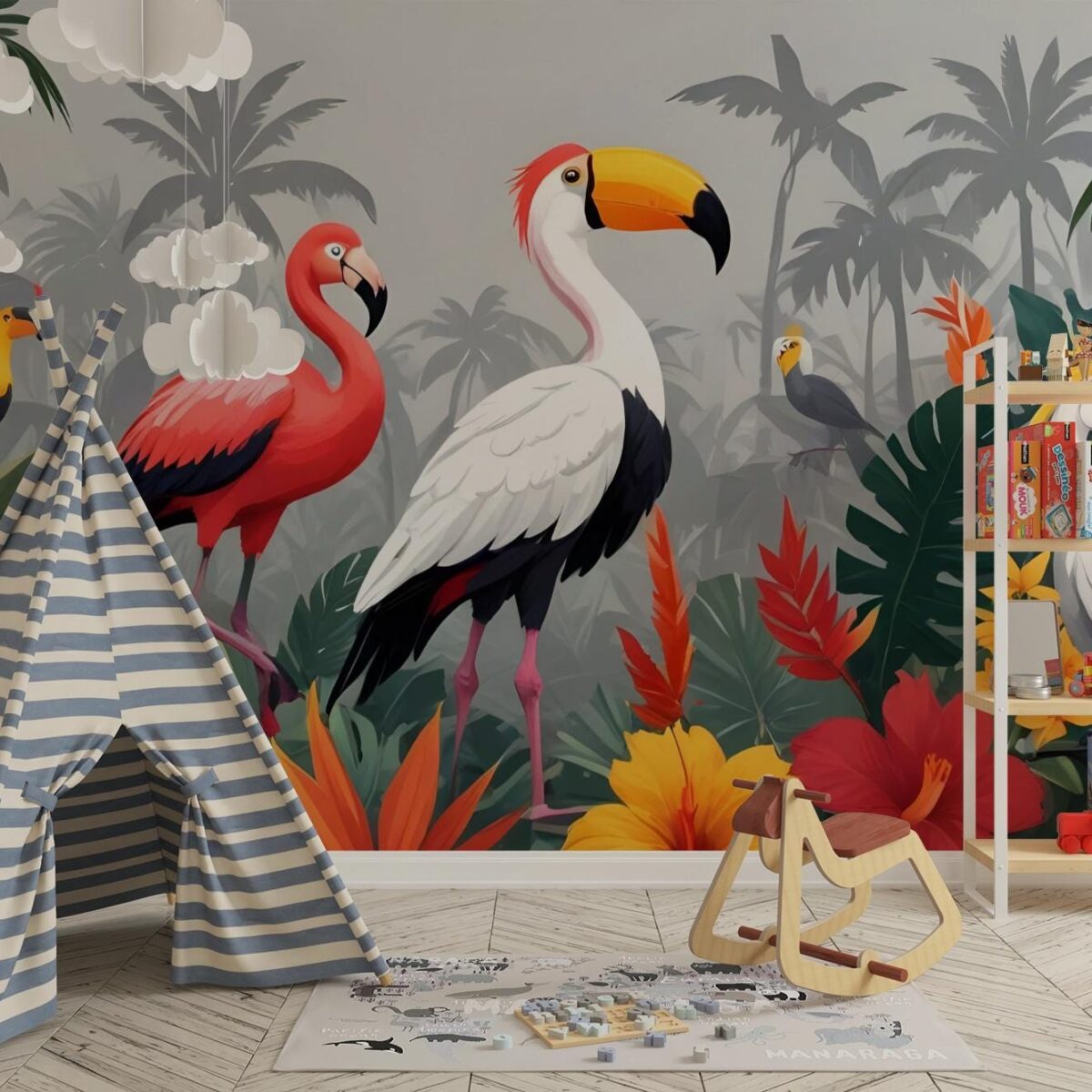 Tropical Birds Wallpaper, Jungle Nursery Mural, Toucan & Flamingo Peel and Stick, Gender Neutral Kids Room Decor, Exotic Rainforest Decor - Image 5