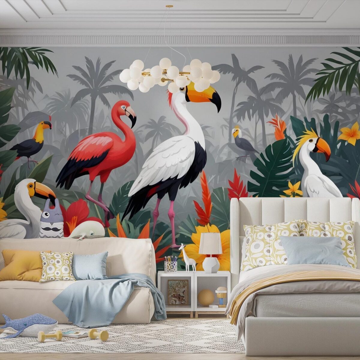 Tropical Birds Wallpaper, Jungle Nursery Mural, Toucan & Flamingo Peel and Stick, Gender Neutral Kids Room Decor, Exotic Rainforest Decor - Image 4