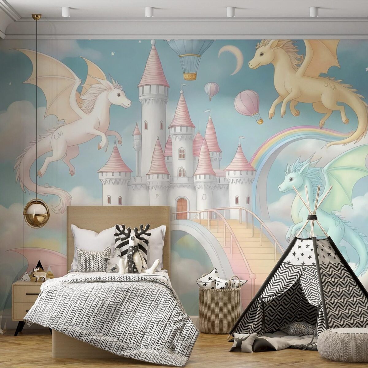 Dragon Castle Wall Mural, Peel and Stick Wallpaper, Fantasy Fairytale Nursery Decor, Pastel Kids Room Wall Art, Removable Wallpaper - Image 6