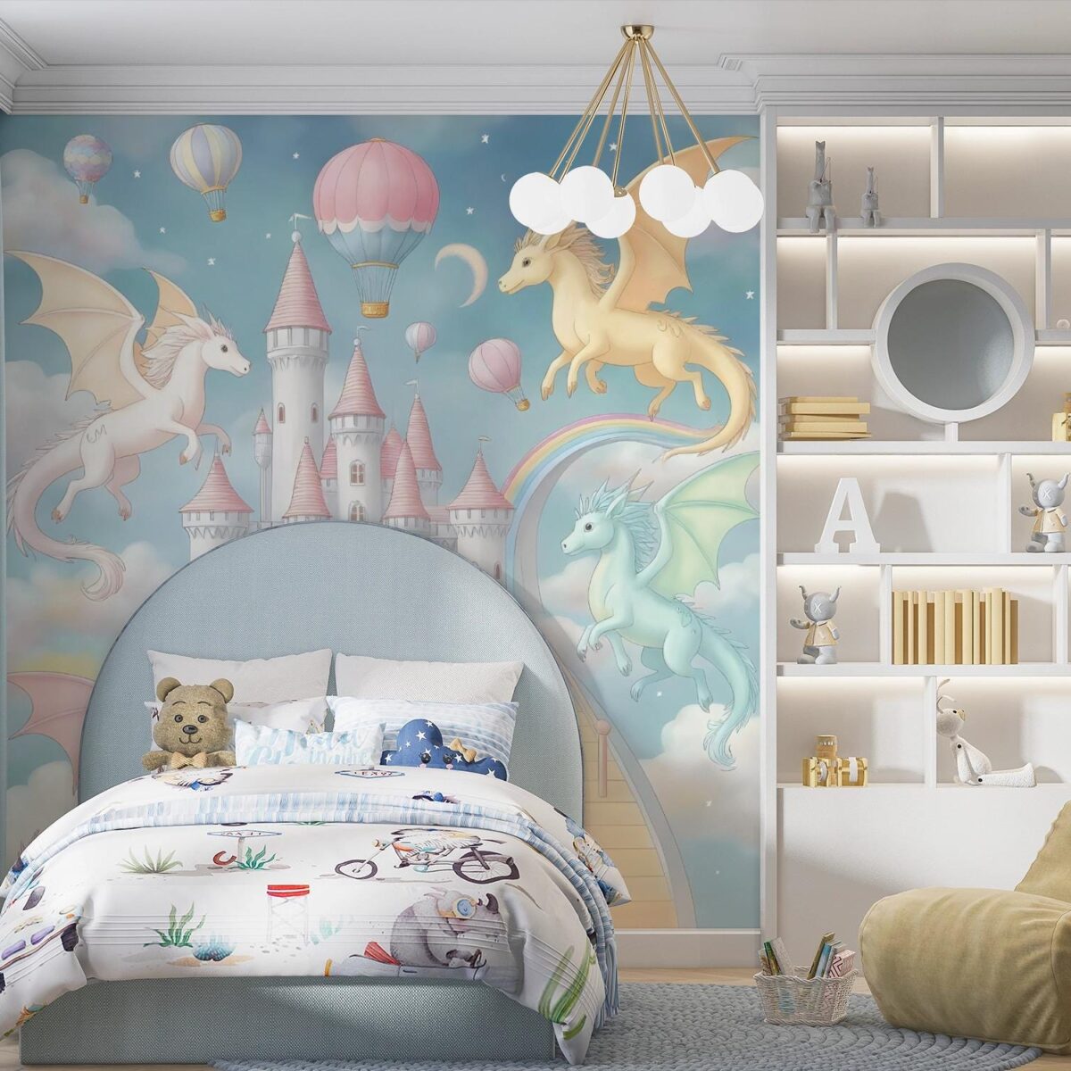Dragon Castle Wall Mural, Peel and Stick Wallpaper, Fantasy Fairytale Nursery Decor, Pastel Kids Room Wall Art, Removable Wallpaper - Image 4