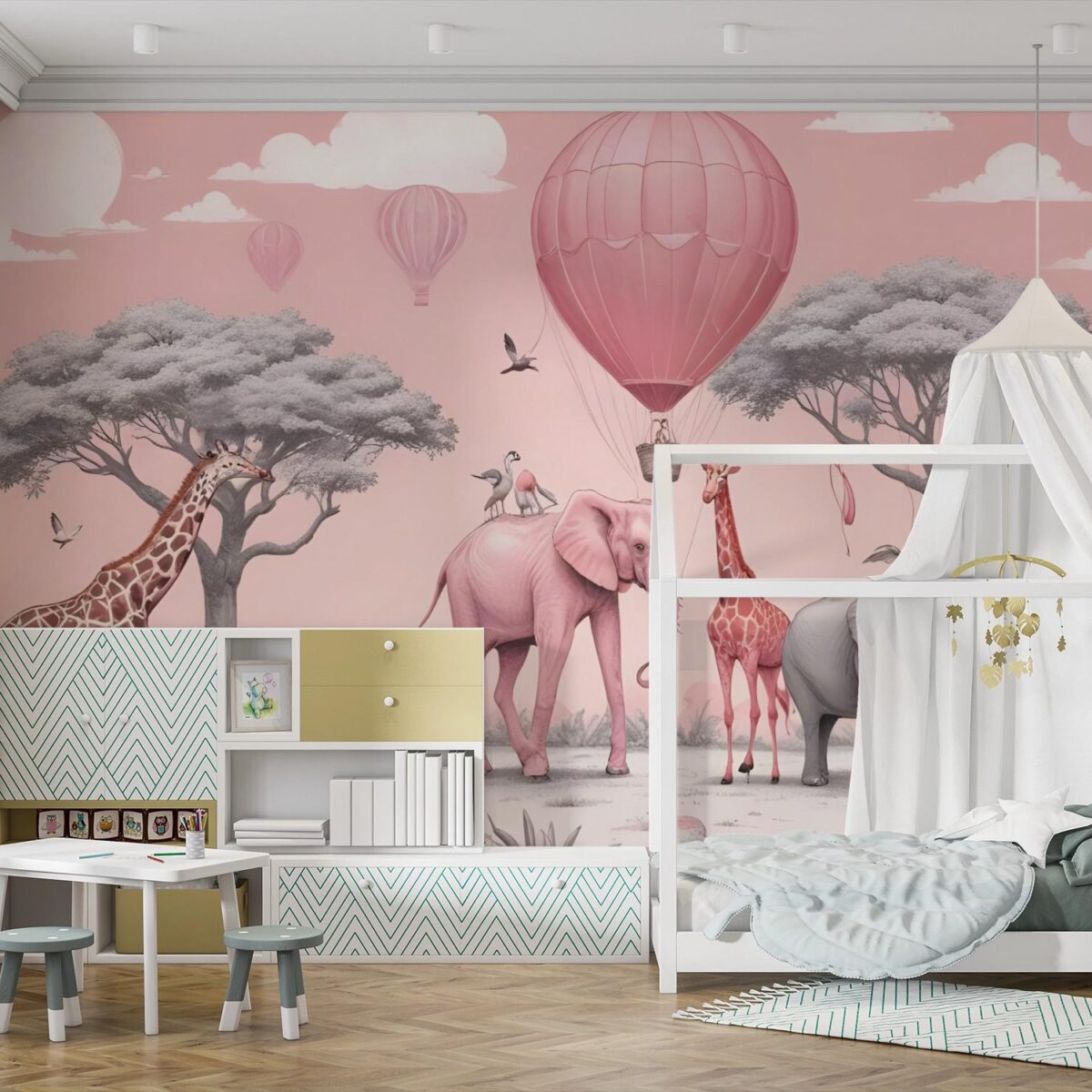Pink Safari Wall Mural with Elephant & Giraffe, Hot Air Balloon Wallpaper, Peel and Stick Nursery Decor, Whimsical Girls Room Art Wall Mural - Image 5