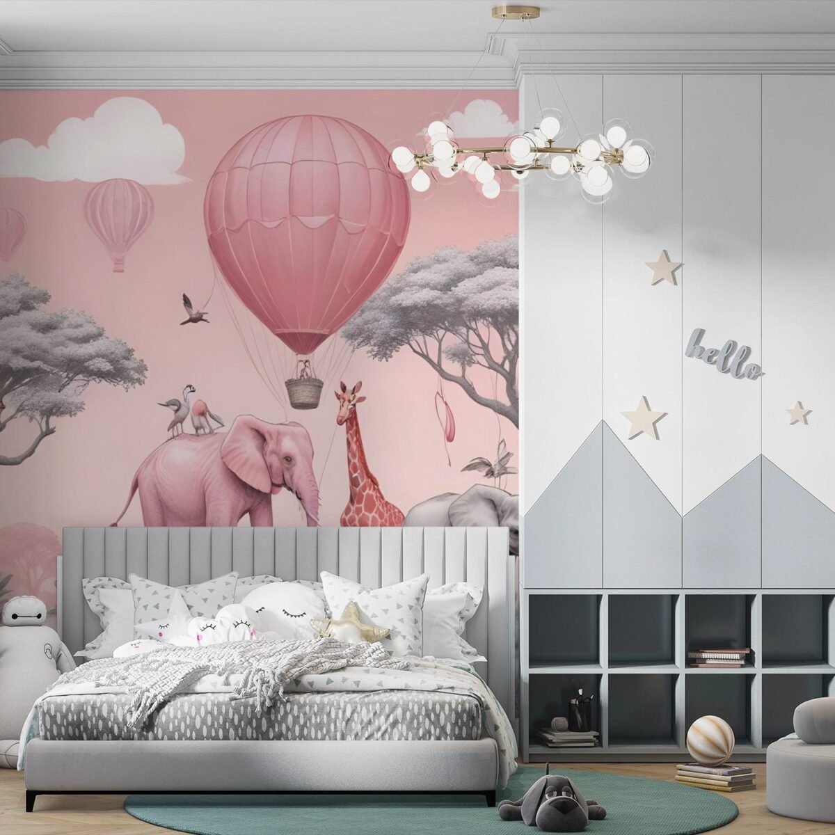 Pink Safari Wall Mural with Elephant & Giraffe, Hot Air Balloon Wallpaper, Peel and Stick Nursery Decor, Whimsical Girls Room Art Wall Mural - Image 6