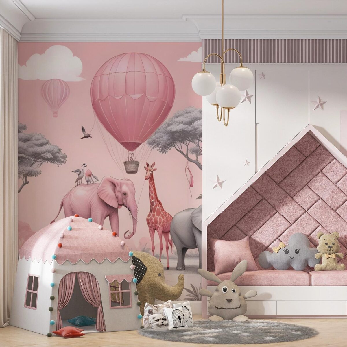 Pink Safari Wall Mural with Elephant & Giraffe, Hot Air Balloon Wallpaper, Peel and Stick Nursery Decor, Whimsical Girls Room Art Wall Mural - Image 4