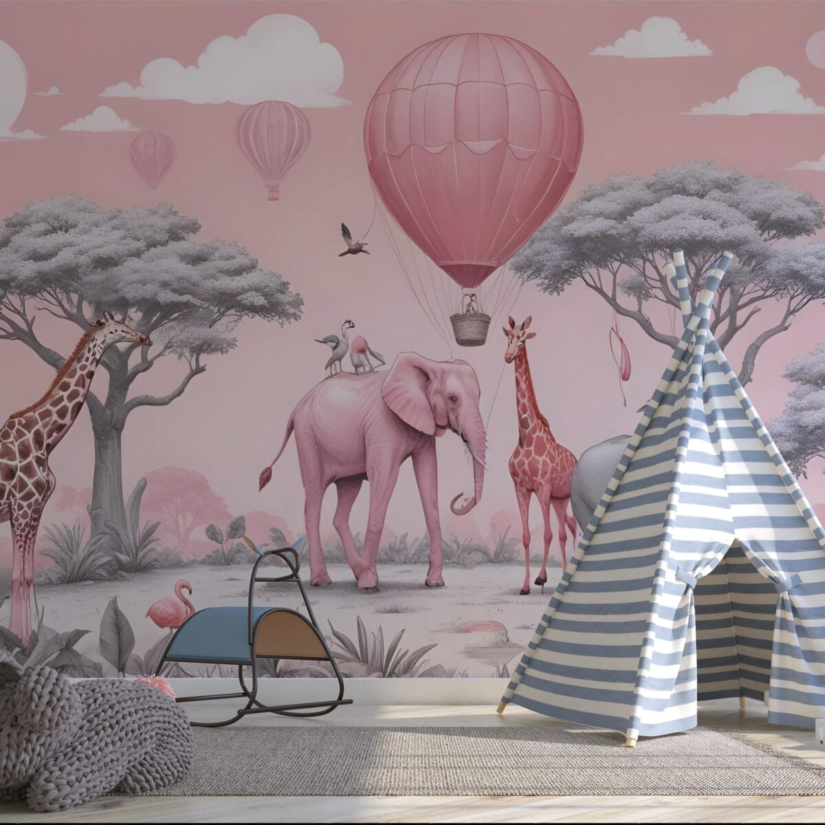 Pink Safari Wall Mural with Elephant & Giraffe, Hot Air Balloon Wallpaper, Peel and Stick Nursery Decor, Whimsical Girls Room Art Wall Mural - Image 3