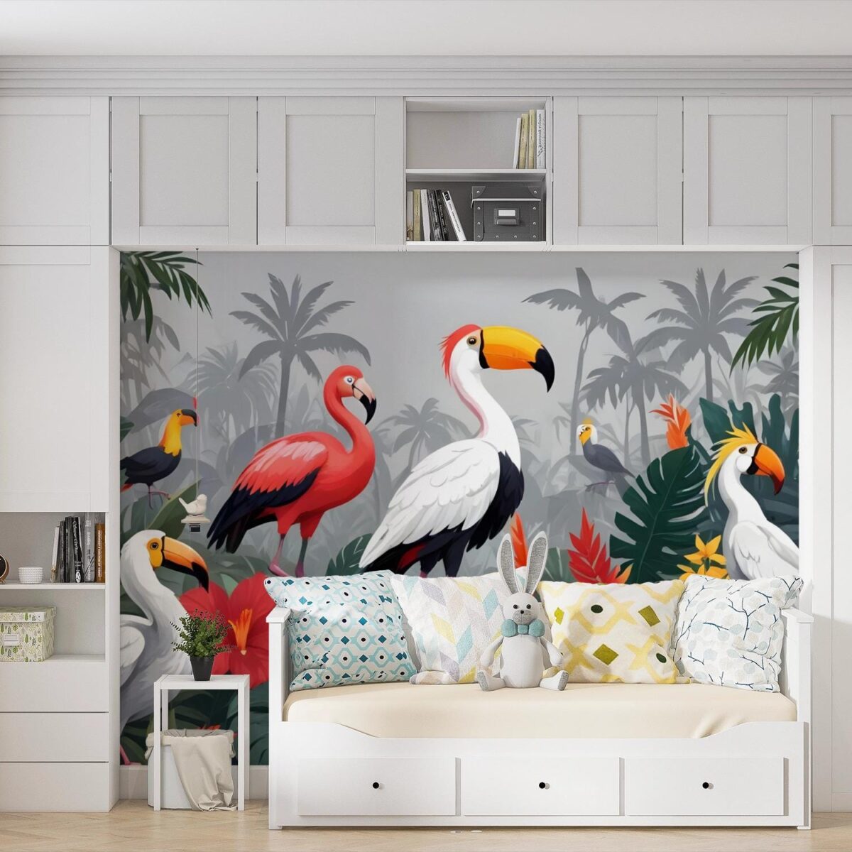 Tropical Birds Wallpaper, Jungle Nursery Mural, Toucan & Flamingo Peel and Stick, Gender Neutral Kids Room Decor, Exotic Rainforest Decor - Image 3