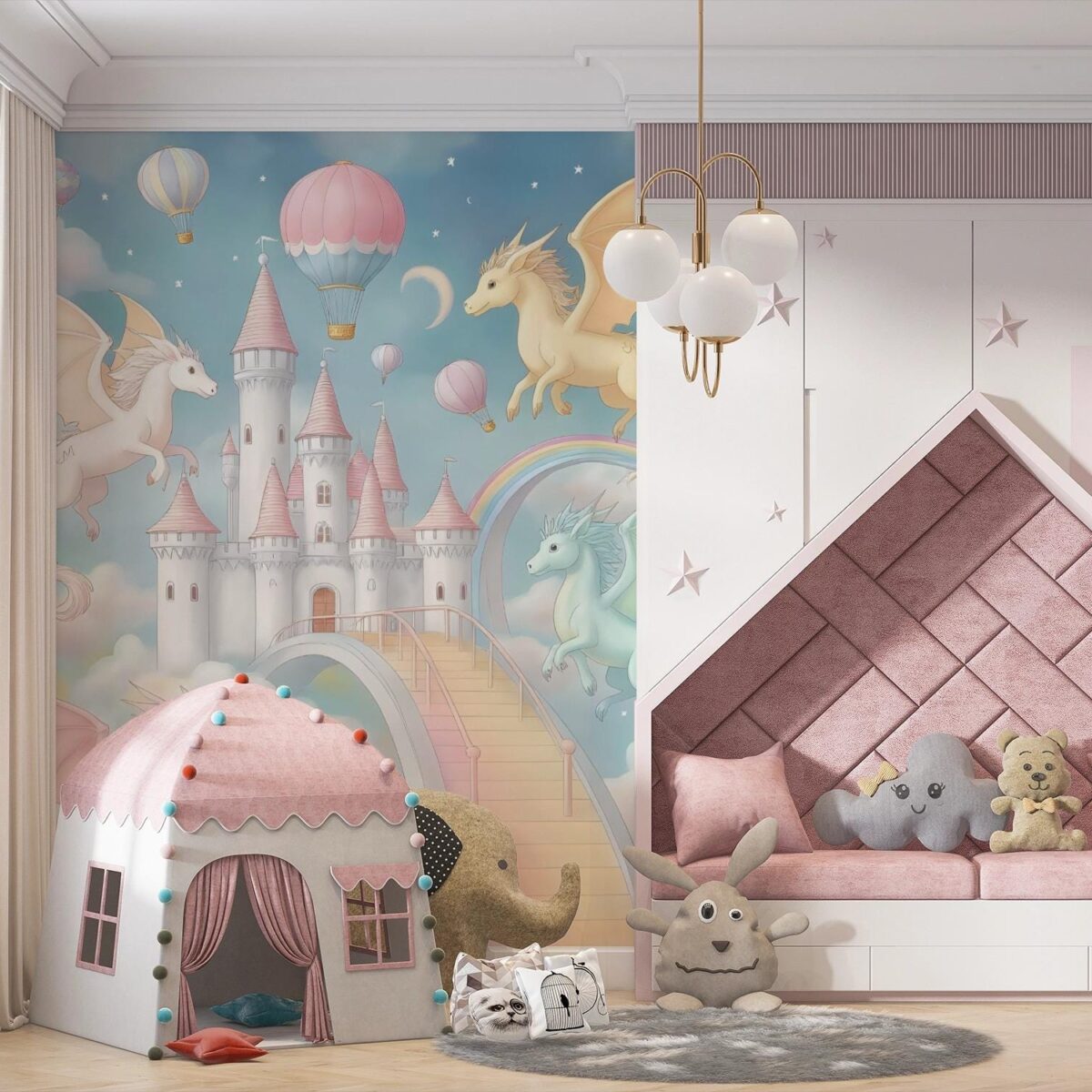Dragon Castle Wall Mural, Peel and Stick Wallpaper, Fantasy Fairytale Nursery Decor, Pastel Kids Room Wall Art, Removable Wallpaper - Image 5