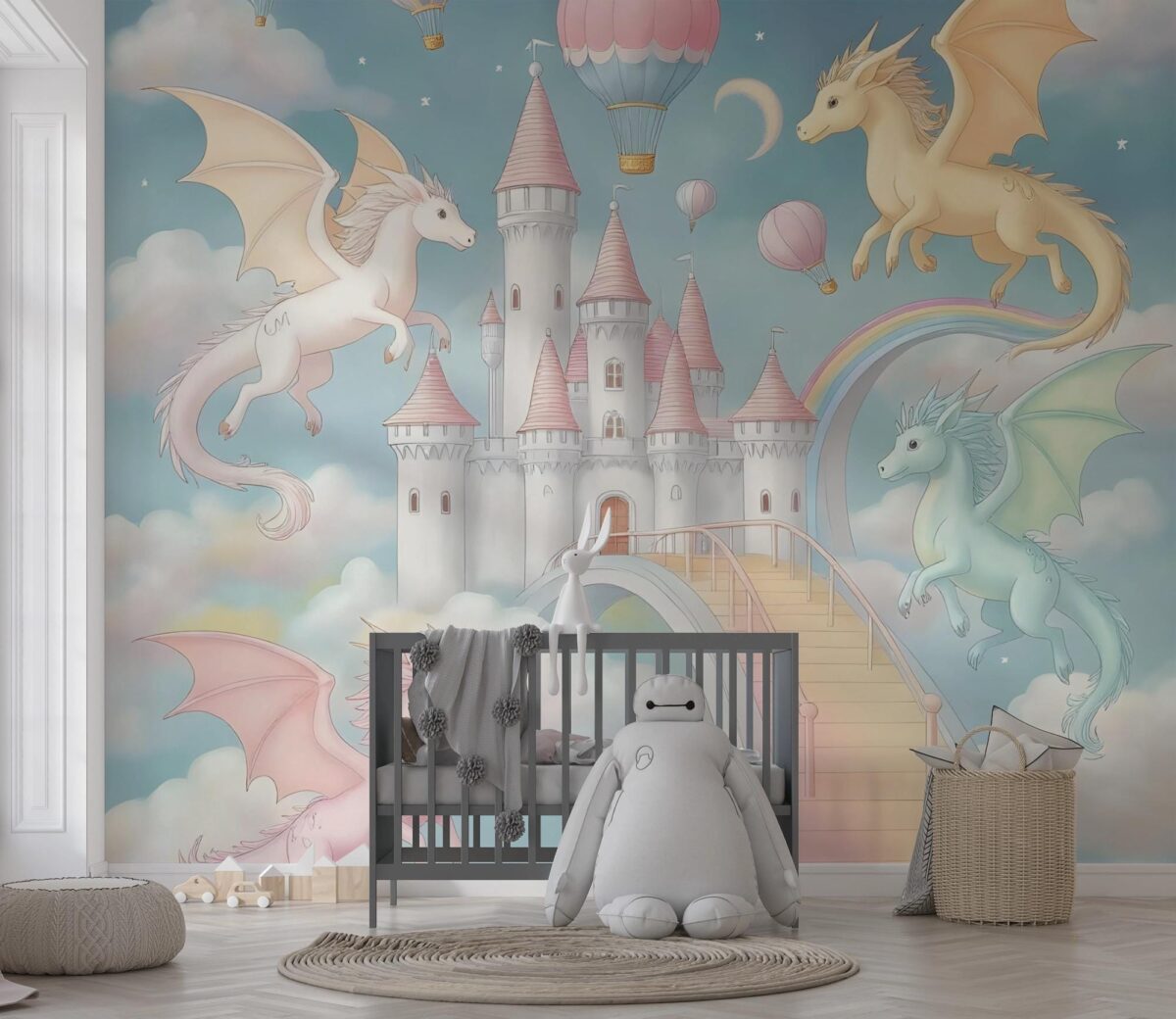 Dragon Castle Wall Mural, Peel and Stick Wallpaper, Fantasy Fairytale Nursery Decor, Pastel Kids Room Wall Art, Removable Wallpaper