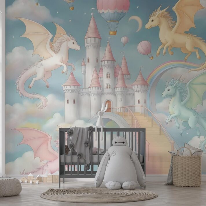 Dragon Castle Wall Mural, Peel and Stick Wallpaper, Fantasy Fairytale Nursery Decor, Pastel Kids Room Wall Art, Removable Wallpaper