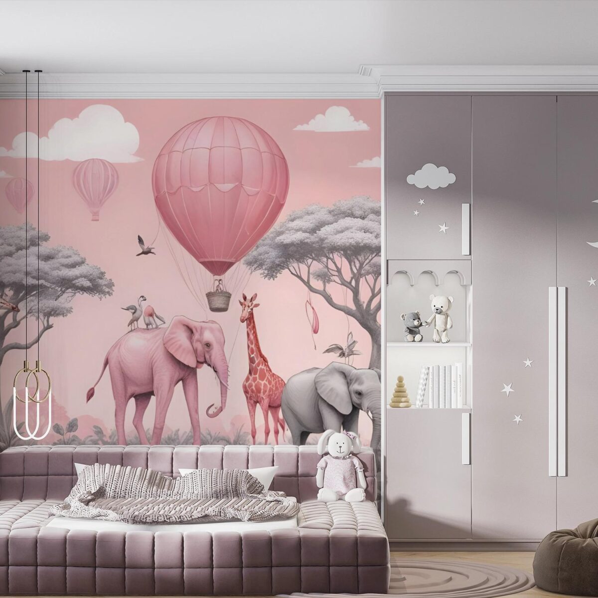 Pink Safari Wall Mural with Elephant & Giraffe, Hot Air Balloon Wallpaper, Peel and Stick Nursery Decor, Whimsical Girls Room Art Wall Mural - Image 2