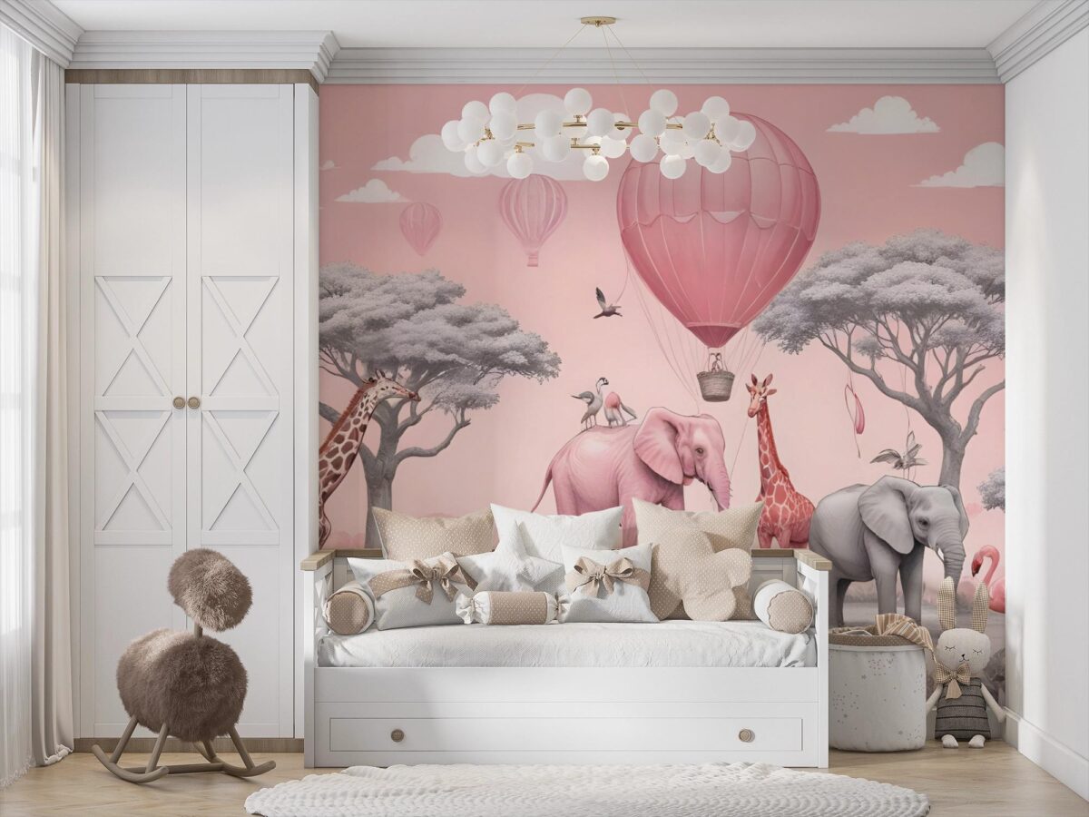 Pink Safari Wall Mural with Elephant & Giraffe, Hot Air Balloon Wallpaper, Peel and Stick Nursery Decor, Whimsical Girls Room Art Wall Mural